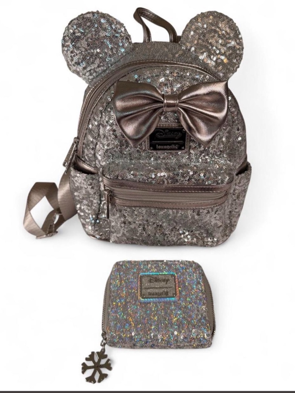 Loungefly Metallic Silver Sequin Ear Mini Backpack with Bow and Matching Wallet